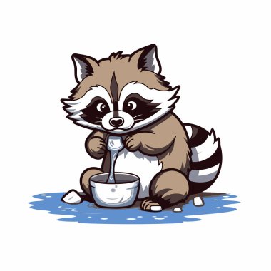 Tatlı rakun kaseden süt içiyor. Vektör illüstrasyonu.