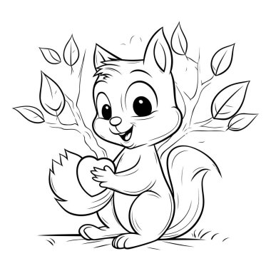 Ağaçta oturan ve yumurtayı tutan şirin bir sincabın vektör çizimi.