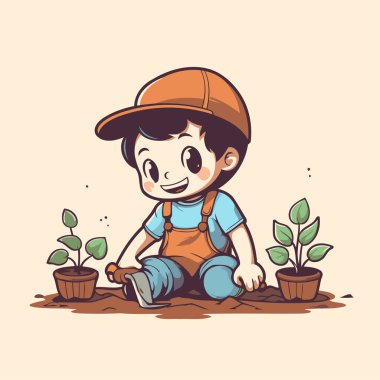 Toprağa fidanlar eken tatlı çocuk. Vektör illüstrasyonu.