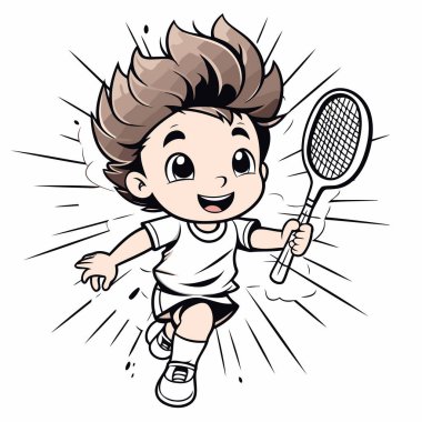 Badminton oynayan çizgi film çocuğu. Vektör klibi resim çizimi.