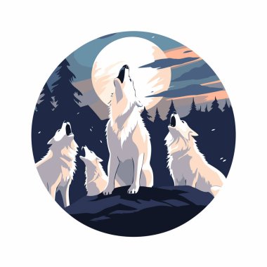 Ay 'a uluyan bir kurt tasviri. Vektör illüstrasyonu.