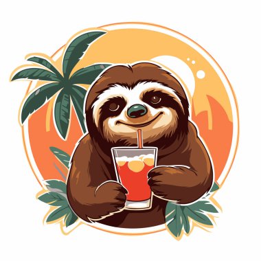 Elinde meyve suyu tutan şirin bir tembel hayvan. Vektör illüstrasyonu.