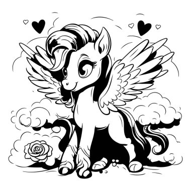 Kanatları ve kalpleri olan tek boynuzlu at. Siyah ve beyaz vektör çizimi.