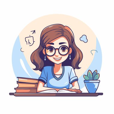 Masada oturup kitap okuyan bir kızın vektör çizimi.