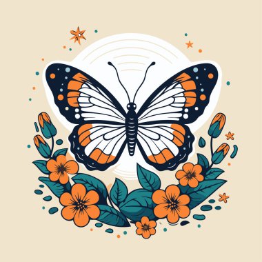 Çiçekli ve yapraklı kelebek. Düz biçimli vektör illüstrasyonu.