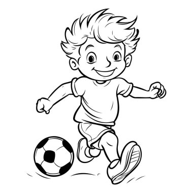 Çizgi filmci çocuk futbol oynuyor. Boyama kitabı için siyah ve beyaz vektör çizimi.