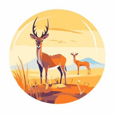 Gün batımında çayırda antilop ve yavru geyiğin vektör çizimi
