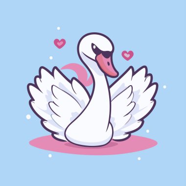 Kanatları ve kalpleri olan bir kuğu. Çizgi film tarzında vektör illüstrasyonu.