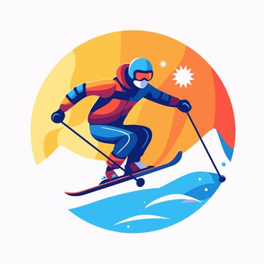 Dağlarda kayak yapan bir snowboardcu. Düz biçimli vektör illüstrasyonu