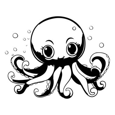 Denizde ahtapot. beyaz arkaplanda izole edilmiş siyah ve beyaz vektör çizimi