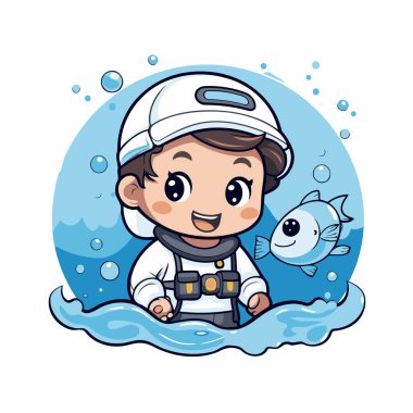 Balıkçı kıyafeti ve miğferinde balık vektörü çizim tasarımı olan yakışıklı çocuk.