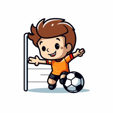 Futbolcu karikatür vektör çizimi. Sevimli çocuk topa vuruyor.