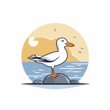 Deniz kıyısındaki martı. Düz biçimli vektör illüstrasyonu