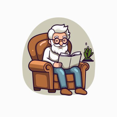 Büyükbabam koltukta kitap okuyor. Çizgi film tarzında vektör illüstrasyonu