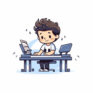 Bilgisayar oyunu oynayan sevimli çocuk. beyaz arkaplanda izole edilmiş çizgi film vektör illüstrasyonu.