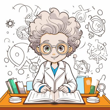 Laboratuvar önlüğü ve gözlüklü kitaplı bir çocuğun vektör çizimi..