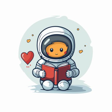 Kitabı ve kalbi olan sevimli bir astronot çizgi filmi. Vektör illüstrasyonu.