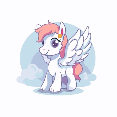 Kanatlı şirin tek boynuzlu at çizgi filmi. Düz bir şekilde vektör illüstrasyonu.