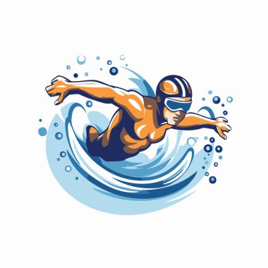 Dalgada yüzücü. Vektör illüstrasyonu beyaz arkaplanda izole edildi.