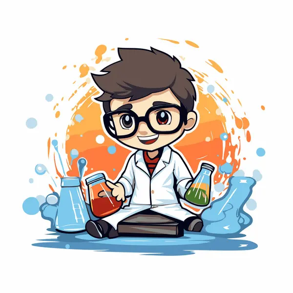Test tüpü ve matara çizimi olan bilim adamı çocuk çizgi film karakteri..