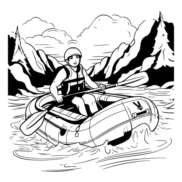 Rafting Schwarz Weiße Illustration Eines Mannes Der Mit Einem Kajak — Stockvektor