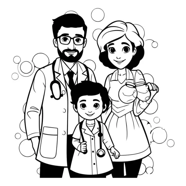 ステスコープと小さな男の子漫画ベクターイラストグラフィックデザインの家族医師と看護師 — ストックベクタ