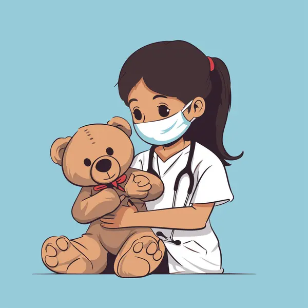 Cute Little Girl Playing Doctor Teddy Bear Vector Illustration — Stock Vector