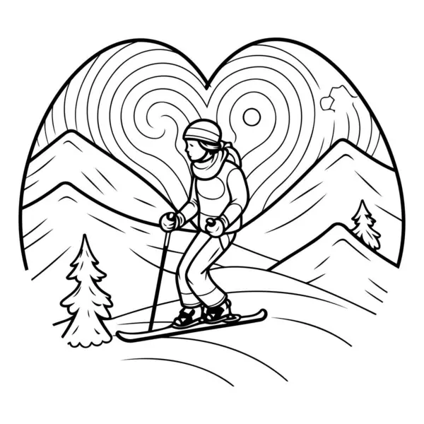 Snowboarder Nas Montanhas Ilustração Vetorial Livro Para Colorir — Vetor de Stock
