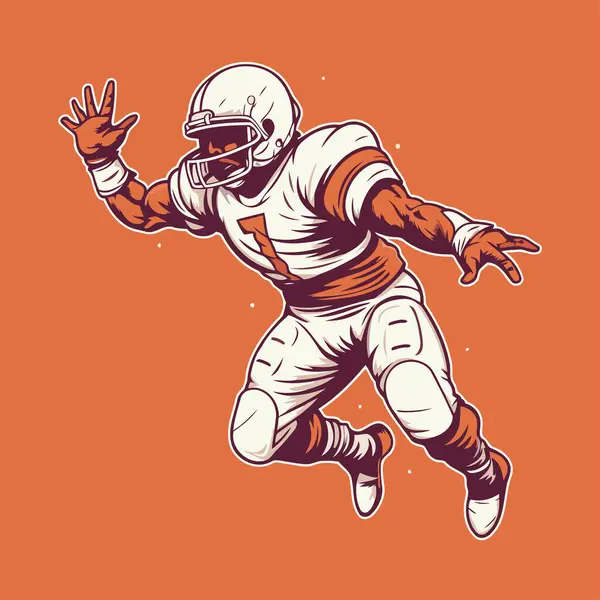 ボールで走るアメリカンフットボール選手 オレンジ色の背景で隔離されています ベクトルイラスト — ストックベクタ