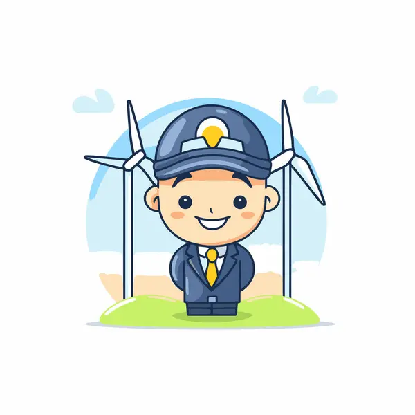 Cute Pilot Wind Turbine Grass Vector Illustration — Stock Vector