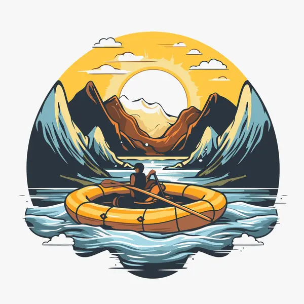 stock vector Kayaking in the mountains. Vector illustration of a man in a boat on the lake.