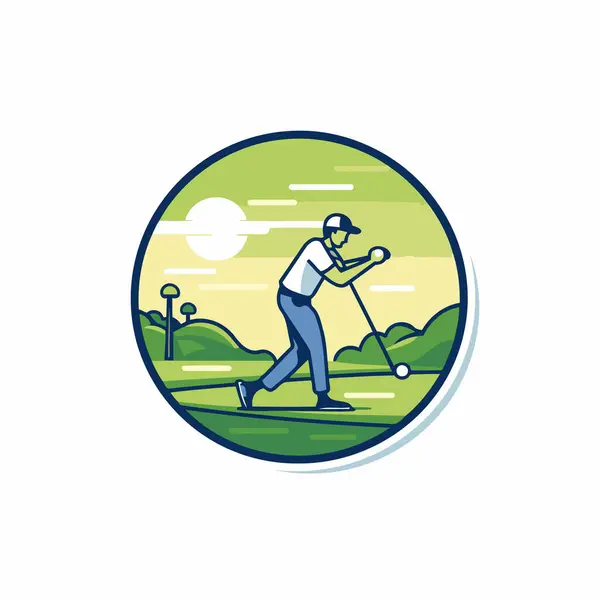 ゴルフクラブのロゴテンプレート ゴルフ場でプレーするゴルフ選手のベクトルイラスト — ストックベクタ
