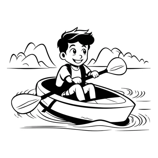 卡通男孩在皮划艇上划船 矢量说明 — 图库矢量图片