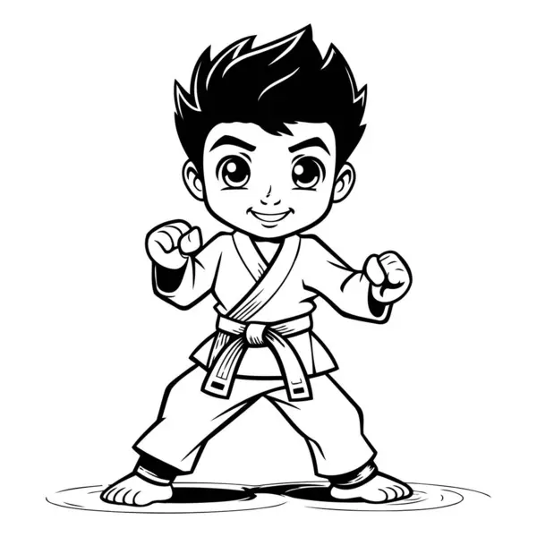 Karate Boy Černobílá Kreslená Ilustrace Izolováno Bílém Pozadí — Stockový vektor