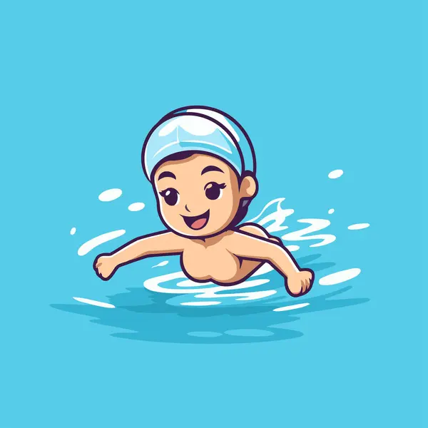 Cute Little Boy Swimming Pool Cartoon Vector Illustration — Stock Vector