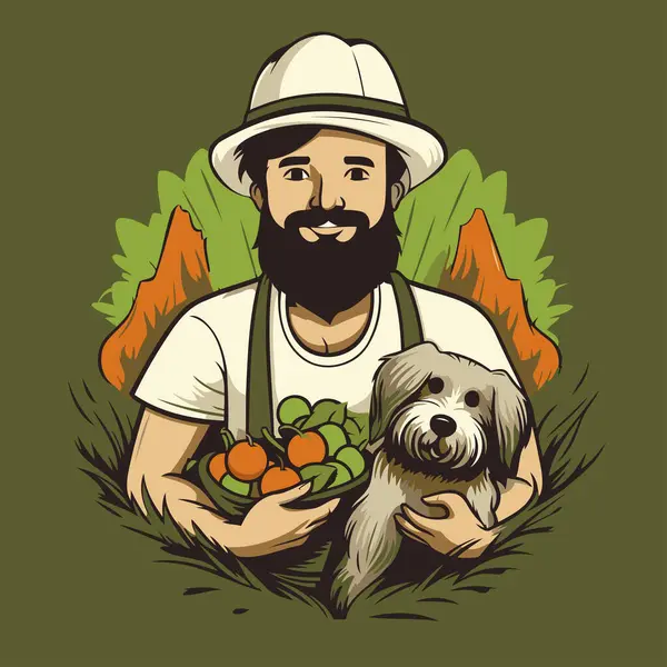 Agricultor Con Perro Verduras Sus Manos Ilustración Vectorial — Archivo Imágenes Vectoriales