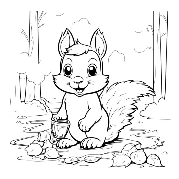 Ilustração Preto Branco Dos Desenhos Animados Caráter Animal Bonito Esquilo — Vetor de Stock