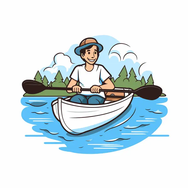 Ein Mann Rudert Mit Einem Boot Auf Dem Fluss Vektorillustration — Stockvektor