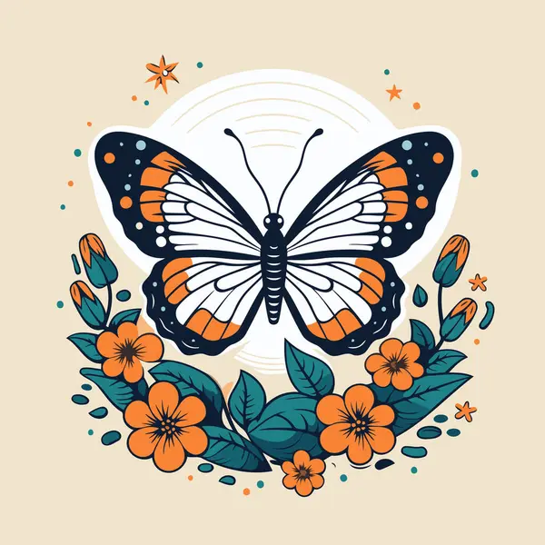 Çiçekli ve yapraklı kelebek. Düz biçimli vektör illüstrasyonu.