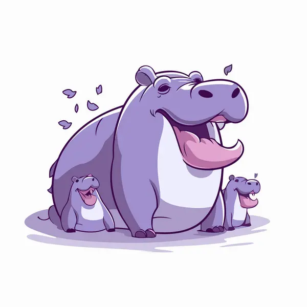 Hipopótamo Dibujos Con Cachorros Ilustración Vectorial Sobre Fondo Blanco — Archivo Imágenes Vectoriales