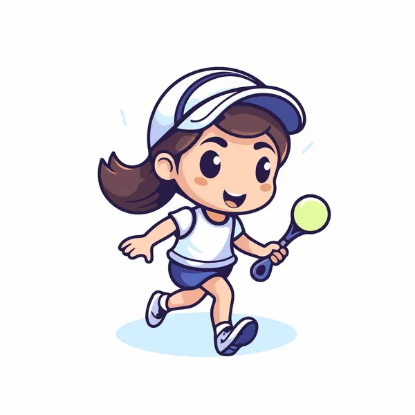 Carino Bambina Che Gioca Tennis Vettore Cartone Animato Illustrazione Uno — Vettoriale Stock