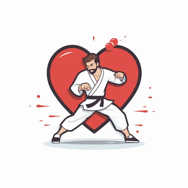 Karate Mann Kimono Mit Rotem Herzvektor — Stockvektor