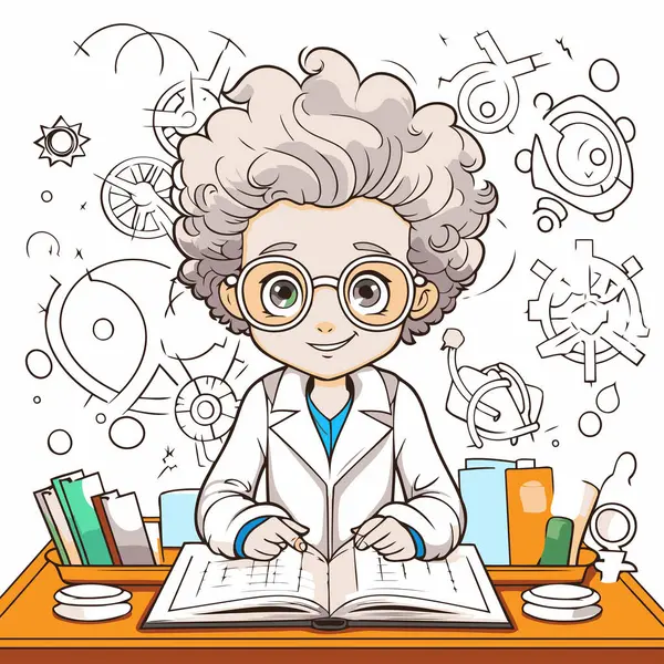 Laboratuvar önlüğü ve gözlüklü kitaplı bir çocuğun vektör çizimi..