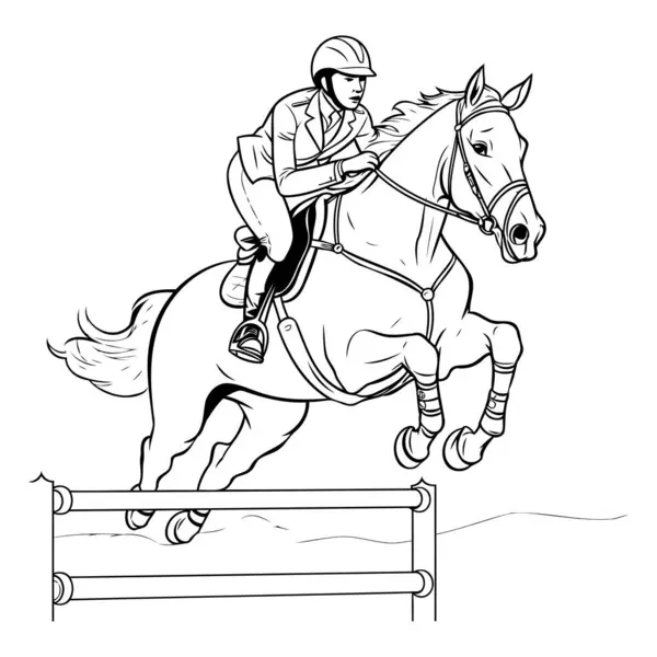 Jockey Horse Jumping Obstacle Black White Vector Illustration — Stock Vector