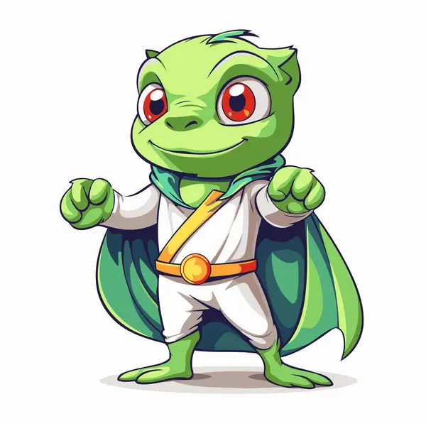 Beyaz Arka Planda Pelerinli Madalyalı Komik Yeşil Kurbağa Süper Kahraman — Stok Vektör