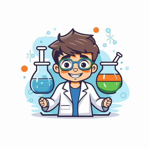 Scientist Boy Cartoon Character Science Equipment Vector Science Illustration — Stock Vector