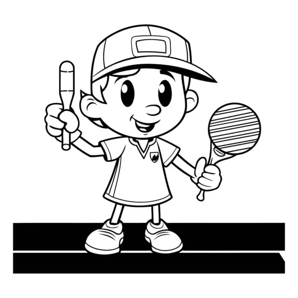 Roztomilý Malý Chlapec Hraje Tenis Černobílé Kreslené Ilustrace — Stockový vektor