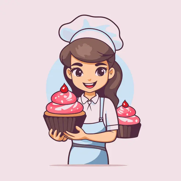 Cute Girl Chef Tenant Cupcake Illustration Vectorielle Dans Style Dessin Vecteur En Vente