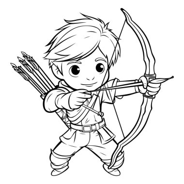 Ok ve yaylı tatlı çocuk. Boyama kitabı için Vektör illüstrasyonu.