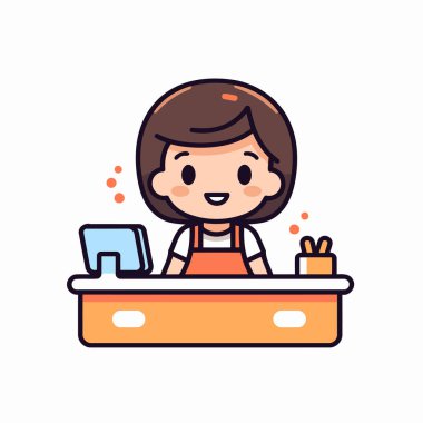 Banyoda tezgahta oturan tatlı küçük kız. Vektör illüstrasyonu.